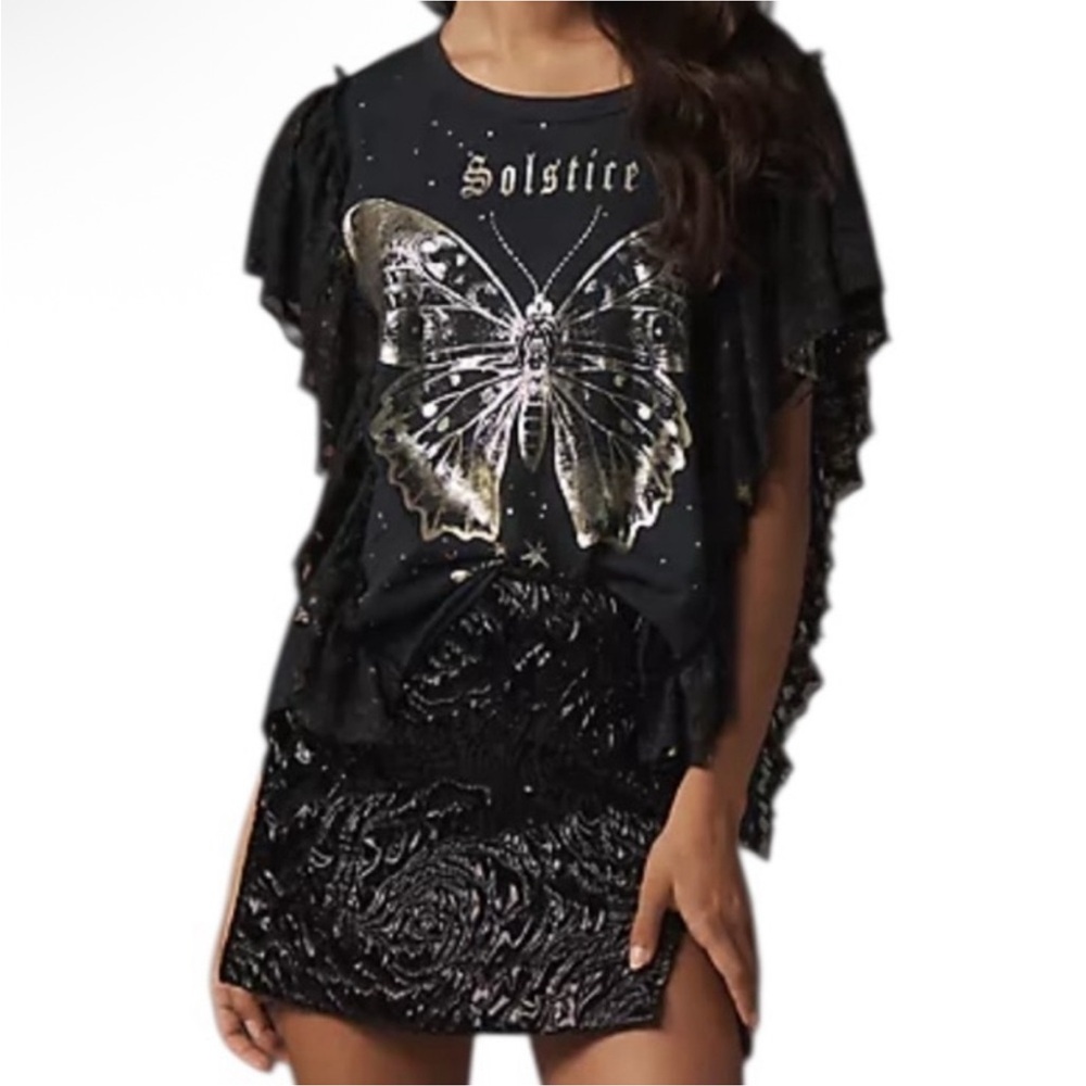 PILCRO Anthropologie Golden Hour Tee S Black‎ Gold Solstice Butterfly Top